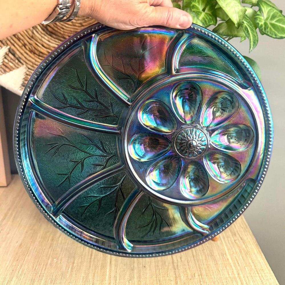 Vintage MCM Indiana Carnival Glass "Tree of Life" Blue Deviled Egg Relish Tray